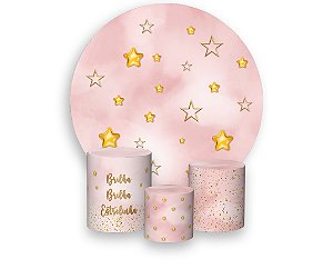Painel De Festa Redondo 1,50 x 1,50 + Trio De Capas Cilindro -  Brilha Brilha Estrelinha Rosa Chá de Bebê 007