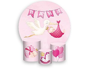 Painel De Festa Redondo 1,50 x 1,50 + Trio De Capas Cilindro - Chá de Bebê Cegonha Menina Rosa 012