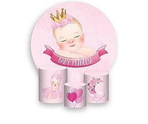 Painel De Festa Redondo 1,50 x 1,50 + Trio De Capas Cilindro - Chá de Bebê Menina Rosa 013