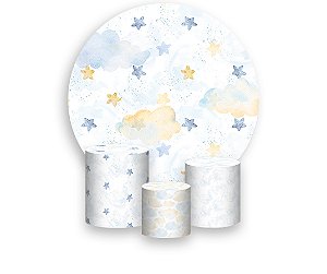 Painel De Festa Redondo 1,50 x 1,50 + Trio De Capas Cilindro - Estrelinhas Azul e Amarelo 021