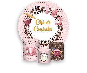 Painel De Festa Redondo 1,50 x 1,50 + Trio De Capas Cilindro - Chá de Cozinha Rosado 001