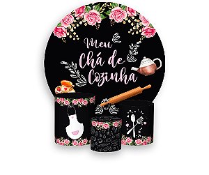 Painel De Festa Redondo 1,50 x 1,50 + Trio De Capas Cilindro - Chalkboard Meu Chá de Cozinha 002