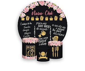 Painel De Festa Redondo 1,50 x 1,50 + Trio De Capas Cilindro - Chá de Cozinha Chalkboard Dourado 005