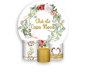 Painel De Festa Redondo 1,50 x 1,50 + Trio De Capas Cilindro - Chá de Casa Nova Flores Dourado 008