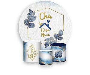 Painel De Festa Redondo 1,50 x 1,50 + Trio De Capas Cilindro - Chá de Casa Nova Floral Azul 010