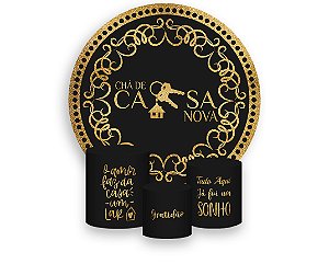 Painel De Festa Redondo 1,50 x 1,50 + Trio De Capas Cilindro - Chá de Casa Nova Dourado 011