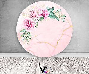 Painel De Festa Redondo 1,50x1,50 - Efeito Mármorizado Rosa Floral 148