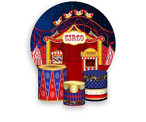 Painel De Festa Redondo 1,50 x 1,50 + Trio De Capas Cilindro - Circo Vermelho Estrelado 009