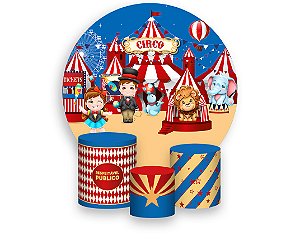 Painel De Festa Redondo 1,50 x 1,50 + Trio De Capas Cilindro - Circo Cute Azul e Vermelho 015