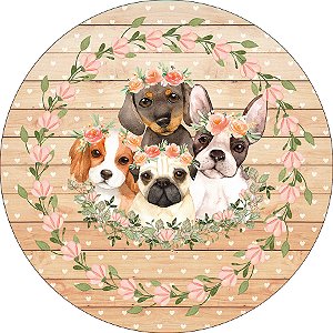 Painel De Festa Redondo 1,50x1,50 - Cachorrinhos Cute Frame Floral 003