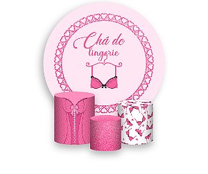 Painel De Festa Redondo 1,50 x 1,50 + Trio De Capas Cilindro - Chá de Lingerie Corações Rosa 010