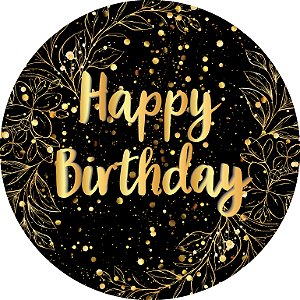 Painel De Festa Redondo 1,50x1,50 - Happy Birthday Efeito Brilhos Dourado 116