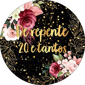 Painel De Festa Redondo 1,50x1,50 - De repente 20 Tantos Dourado Floral 144