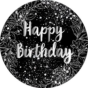 Painel De Festa Redondo 1,50x1,50 - Happy Birthday Efeito Brilhos Prata 154