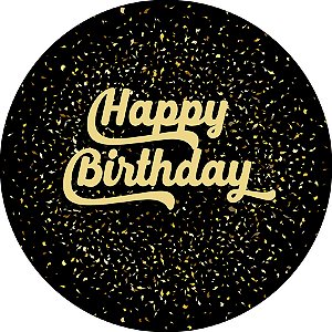 Painel De Festa Redondo 1,50x1,50 - Happy Birthday Efeito Brilhos Dourado 155