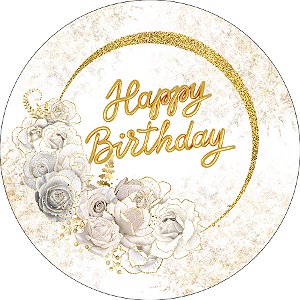 Painel De Festa Redondo 1,50x1,50 - Happy Birthday Dourado com Flores 198