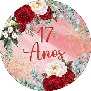 Painel De Festa Redondo 1,50x1,50 - 17 Anos Efeito Mármore com Flores 269