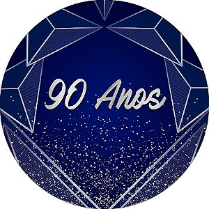 Painel De Festa Redondo 1,50x1,50 - 90 Anos Azul com Geométrico Prata 302