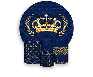 Painel De Festa Redondo 1,50 x 1,50 + Trio De Capas Cilindro - Realeza Folhagem Azul e Dourado 009