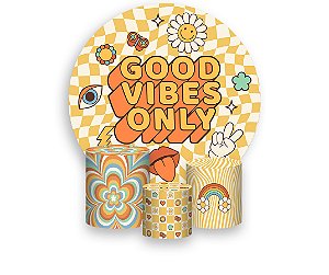Painel De Festa Redondo 1,50 x 1,50 + Trio De Capas Cilindro - Good Vibes Elementos Cartoon 012