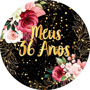 Painel De Festa Redondo 1,50x1,50 - Meus 36 Anos Dourado Floral 073