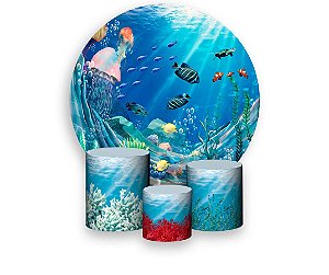 Painel De Festa Redondo 1,50 x 1,50 + Trio De Capas Cilindro - Fundo do Mar Corais e Peixinhos 002