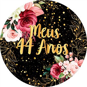 Painel De Festa Redondo 1,50x1,50 - Meus 44 Anos Dourado Floral 080