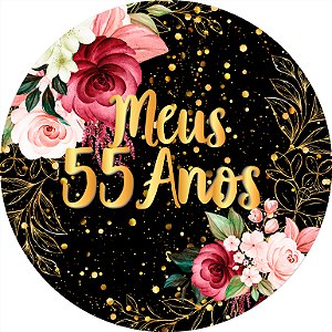 Painel De Festa Redondo 1,50x1,50 - Meus 55 Anos Dourado Floral 090