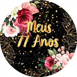 Painel De Festa Redondo 1,50x1,50 - Meus 77 Anos Dourado Floral 110
