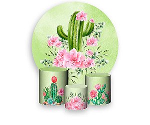 Painel De Festa Redondo 1,50 x 1,50 + Trio De Capas Cilindro - Cacto Flores Rosa 012