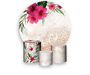 Painel De Festa Redondo 1,50 x 1,50 + Trio De Capas Cilindro - Flores Rosa Efeito Glitter 014