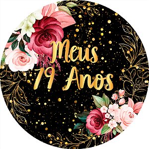 Painel De Festa Redondo 1,50x1,50 - Meus 79 Anos Dourado Floral 112