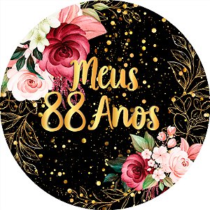 Painel De Festa Redondo 1,50x1,50 - Meus 88 Anos Dourado Floral 120