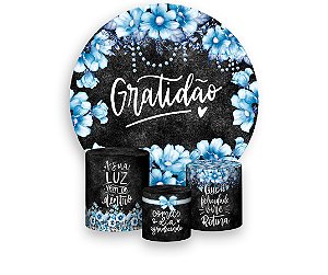 Painel De Festa Redondo 1,50 x 1,50 + Trio De Capas Cilindro - Gratidão Chalkboard Flores Azuis 029