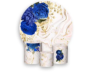 Painel De Festa Redondo 1,50 x 1,50 + Trio De Capas Cilindro - Efeito Marmorizado Rose Com Flores Azul 034