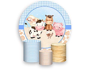 Painel De Festa Redondo 1,50 x 1,50 + Trio De Capas Cilindro - Fazendinha Azul com Bege 032