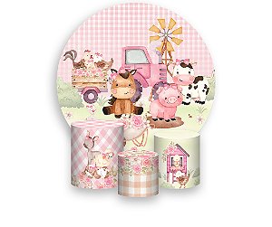 Painel De Festa Redondo 1,50 x 1,50 + Trio De Capas Cilindro - Fazendinha Rosa com Flores 036