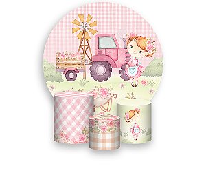 Painel De Festa Redondo 1,50 x 1,50 + Trio De Capas Cilindro - Fazendinha Rosa com Flores, Menina 037