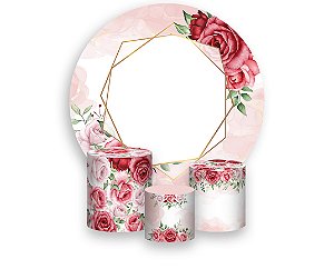 Painel De Festa Redondo 1,50 x 1,50 + Trio De Capas Cilindro - Efeito Geométrico Floral Rosa 024