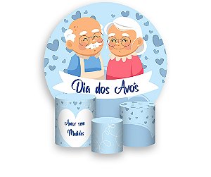 Painel De Festa Redondo 1,50 x 1,50 + Trio De Capas Cilindro -  Dia dos Avós Corações Azul 084