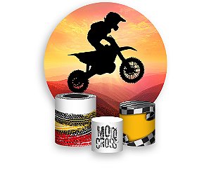 Painel De Festa Redondo 1,50 x 1,50 + Trio De Capas Cilindro - Desenho Motocross Salto 002