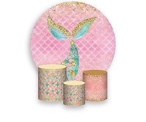 Painel De Festa Redondo 1,50 x 1,50 + Trio De Capas Cilindro - Cauda Sereia Rosa e Verde 011