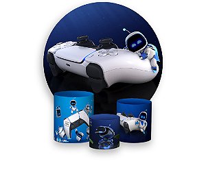 Painel De Festa Redondo 1,50 x 1,50 + Trio De Capas Cilindro - Video Game Controle Branco 002