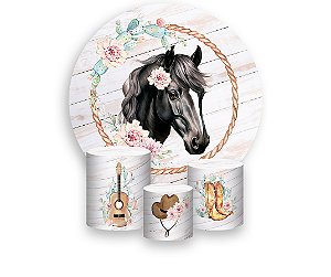 Painel De Festa Redondo 1,50 x 1,50 + Trio De Capas Cilindro - Boiadeira Cavalo Com Flores 017