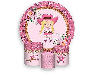 Painel De Festa Redondo 1,50 x 1,50 + Trio De Capas Cilindro - Boiadeira Loira Flores Rosa 018