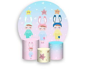 Painel De Festa Redondo 1,50 x 1,50 + Trio De Capas Cilindro - Metoo Desenho Estrelas 001