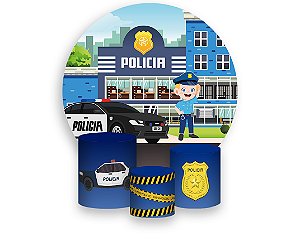 Painel De Festa Redondo 1,50 x 1,50 + Trio De Capas Cilindro - Policia Loiro 014