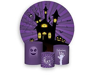 Painel De Festa Redondo 1,50 x 1,50 + Trio De Capas Cilindro - Halloween Roxo Castelo 018