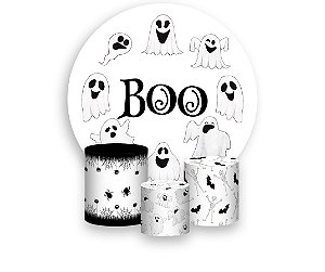 Painel De Festa Redondo 1,50 x 1,50 + Trio De Capas Cilindro - Halloween Fantasminhas Boo 025