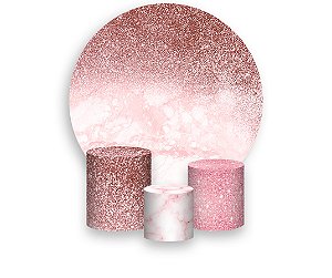 Painel De Festa Redondo 1,50 x 1,50 + Trio De Capas Cilindro - Efeito Mármore Rose Glitter 009